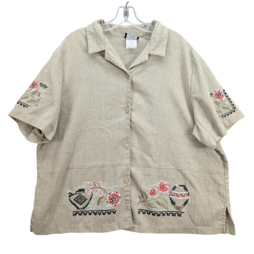 Southern Lady Women's 2X Shirt Green Button‎ Up Short Sleeve Floral Embroidered
